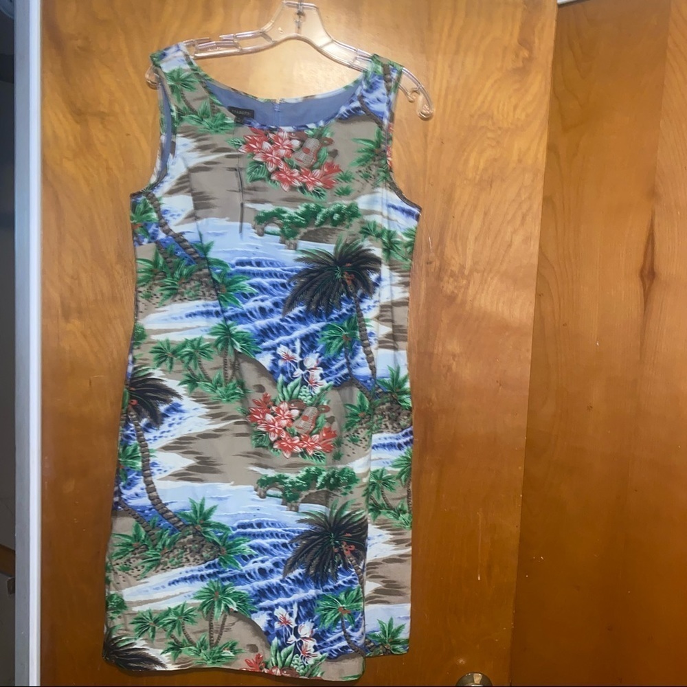 New TALBOTS Sleeveless Shift Dress Hawaiian Tropical Cotton Palm Print Sz 8